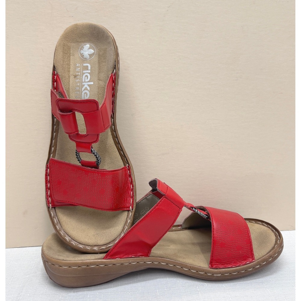 Rieker Antistress Slide Sandals Womens 37 Red Excellent Leather Comfort Strappy